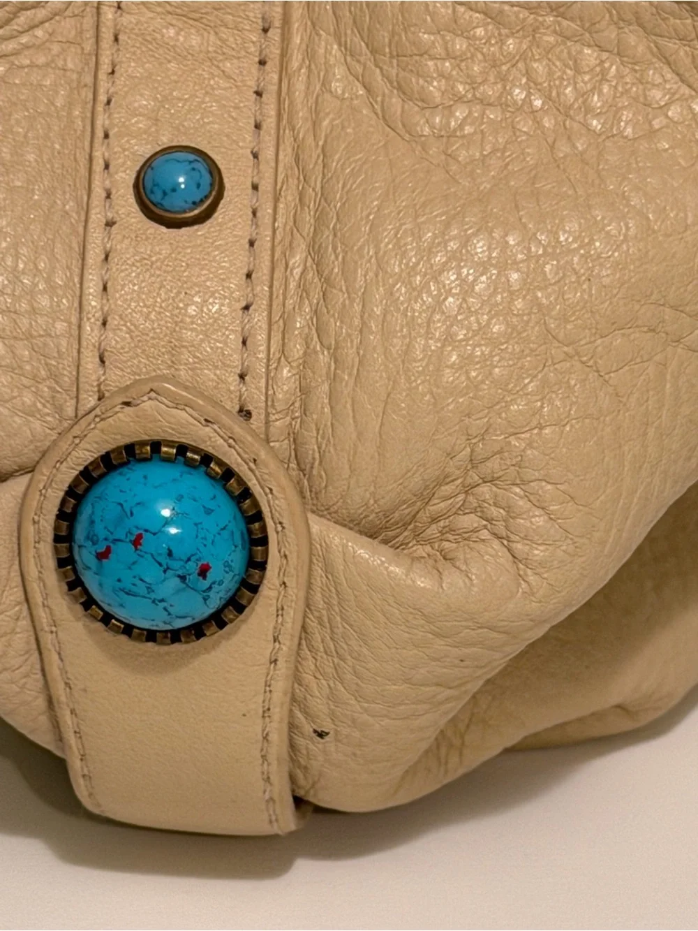 Franco Sarto Leather Hobo Shoulder Bag Beige Faux Turquoise Bead Accents REFURB